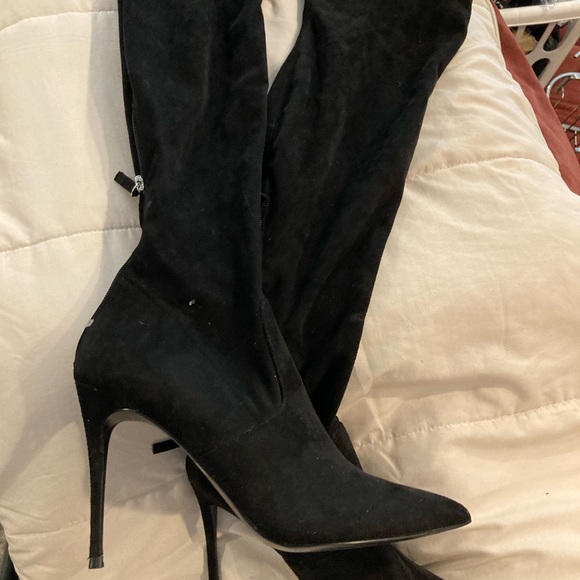 Thigh High Black Faux Seude Boots - Picture 2 of 4